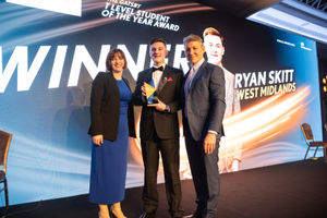 Ryan Skitt receiving award from Bridget Phillipson & Ben Shephard 