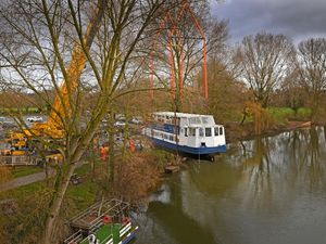 Supporting image for story: Watch: There she blows! Spectacular Sabrina is craned out of the River Severn in Shrewsbury for inspection