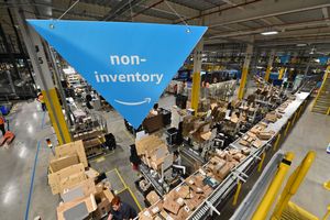 Conveyors carrying parcels inside the Amazon fulfilment centre in Sutton Coldfield