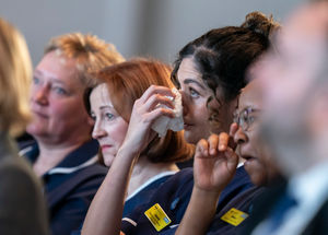 NHS staff attend a ceremony marking the fifth anniversary of the Covid-19 pandemic at the National Memorial Arboretum, in Burton-on-Trent

