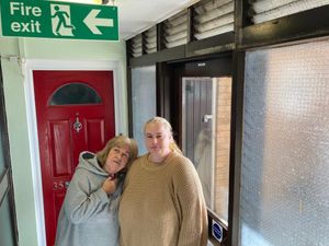 (l-r) Diane Hobley and Gaynor English say slats in external walls are blowing fire doors open but Dudley Council has not fixed the problem. Picture Martyn Smith/LDRS free for LDRS use