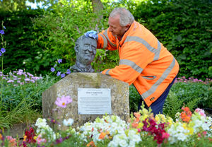 Pictured is team leader Mark Bowen giving the Percy Thrower statue a clean at The Dingle