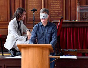 Jeff is challenged to draw one of the characters blindfolded