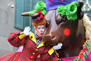 Panto Dame Andrew Ryan meets the Bull outside the Bullring in Birmingham City Centre.