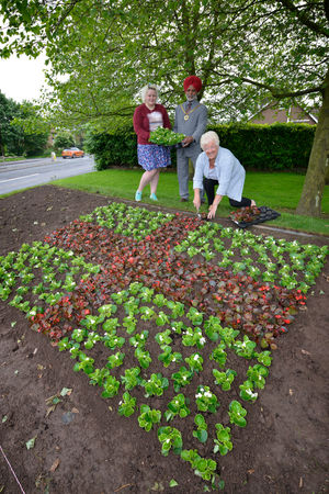 Councillor Hilda Rhode helps plant the England World Cup flowerbed in Ketley in 2014.