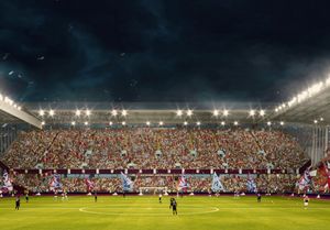 A visualisation of the redevelopment of the North Stand in Villa Park, Birmingham. Taken from design document prepared by Grimshaw Architects on behalf of Aston Villa Football Club.