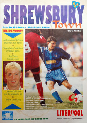 This programme is dated January 27, 1996, for the Shrewsbury Town v Liverpool game. It is among the memorabilia of Brian Binnersley of 8 Armoury Gardens, Shrewsbury
