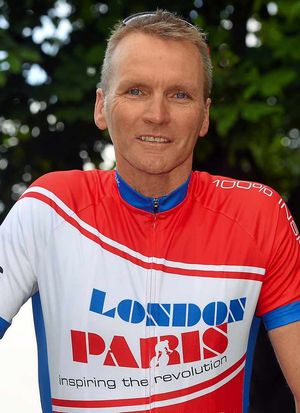 Former England footballer Geoff Thomas before setting off.