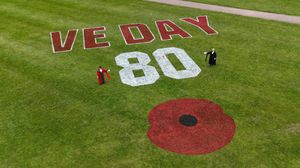 Shrewsbury's Mayor and Town Clerk with VE Day Painting at The Quarry