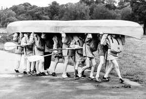 Pupils from West Hill Junior School, Hednesford, were pictured carrying a canoe on their
heads in June 1986. They were on their way down to the River Trent during a camping course
to mark the end of term. The camp was held at Shugborough Park, near Stafford.