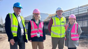 Pictured at the new school site is Councillor David Stanley, headteacher Marie Hunter, Interclass site manager, Rod Mills and Jacqueline Carolan