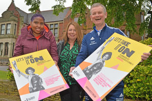 Sadeh Graham, Councillor Kerrie Carmichael and Blind Dave helped to celebrate the baton route at Haden Hill Hall