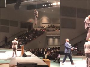 Supporting image for story: Watch ‘the flying preacher’ swoop in on cables to deliver his sermon