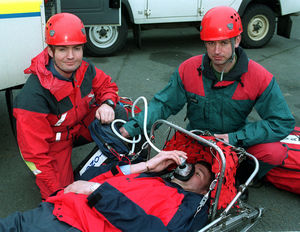 Stafford RAF Mountain Rescue. Pictured L-R: corp Tim Sugars and SAC Colin Little "giving oxygen" to sergeant Kevin Hewkin during training.