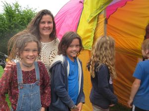 Children queuing to take the Yurt Maze Time Trial challenge.