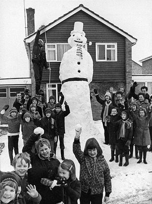 This picture was taken on 20 January 1979. The caption read: 'This giant snowman was a combined effort by the neighbours of Fair View Drive, Bayston Hill, on Saturday, with many helping hands and the use of scaffolding, they achieved a height of 14ft which could get into the Guinness Book of Records'