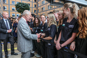 King Charles III is greeted by medical students  during his visit to officially open the new Midland Metropolitan University Hospital in Birmingham. Picture date: Wednesday September 3, 2025. PA Photo. Photo credit should read: Richard Pohle/The Times/PA Wire 