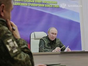 Russian President Vladimir Putin speaks during a visit to military headquarters in the Kursk region of Russia