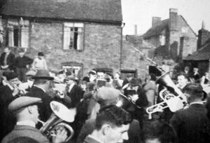 Band members play at a Jackfield street party to celebrate VE Day in 1945.