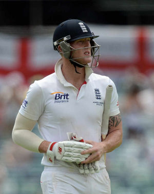 England's Ben Stokes leaves the field after being caught behind by Australia's Brad Haddin (not pictured) on 120 runs