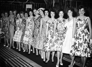 A charity fashion show in aid of Helping Hand organised by Denise Wynne in the late 1950s/early 1960s Jean is seventh from the left. Jean Swift started working at the telephone exchange in Wellington as Jean Roberts in 1949