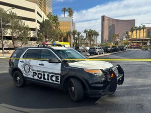 Police block the area after a vehicle caught fire and exploded outside the lobby of President-elect Donald Trump’s hotel in Las Vegas