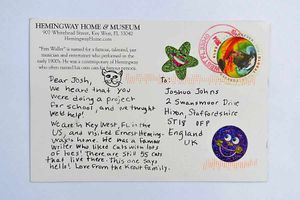 This postcard of Ernest Hemingway's famous Fats Waller cat arrived from visitors to the museum dedicated to him in Florida.