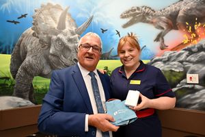 On Deansley Ward at New Cross hospital is  Cyril Barrett with senior matron Kirsty Lewis and a blood blood pressure monitor the final donation is paying for