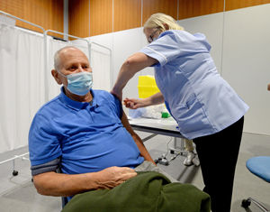 Terry Dudley, 78, of Madeley, receives his Covid-19 vaccination 