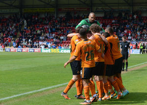 Celebrating James Henry's goal at Leyton Orient in 2014