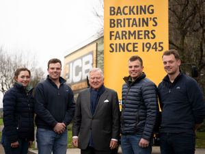 JCB Chairman Lord Bamford (centre) pictured with employees (left to right) Rebecca Gray, twin brothers Ted and Jack Hibbert and James White ahead of the trip to London. The four employees all work for JCB’s farming business and come from a long line of family farmers themselves.

 