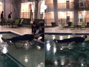 Supporting image for story: This college student in Texas got an icy surprise after his friends slid him across a frozen pool
