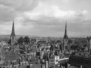 Supporting image for story: 'Shrewsbury rail station update makes you wonder how this scheme got the go ahead' - Your Letters and an old panorama picture across the town's rooftops from the 1950s