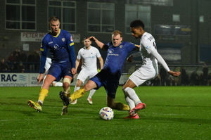 Ricardo Dinanga has a cross cut out during AFC Telford United's 3-0 victory against Hereford on Tuesday night (Picture: Kieren Griffin)