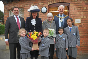 Staffordshire High Sheriff Victoria Hawley at the ribbon cutting ceremony with head Nick Pietrek, Mayor of Stafford Councillor Andy Cooper, mayoress Judy Cooper and pupils