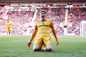 Jorgen Strand Larsen celebrates after he scores his team's first goal (Photo by Jack Thomas - WWFC/Wolves via Getty Images)