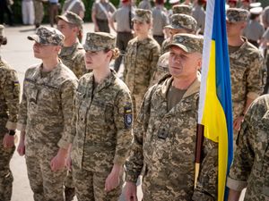 Members of the Ukrainian armed forces taking part in a procession rehearsal in preparation for the VE Day 80th anniversary on May 5