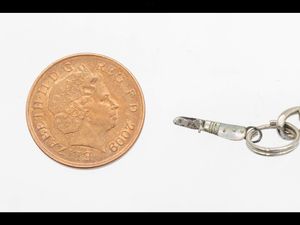 What is believed to be the world's smallest pocket penknife, next to a penny.