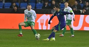 Action from The New Saints clash with Panathinaikos