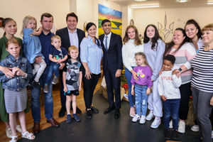 Prime Minister Rishi Sunak with MP Shaun Bailey, staff and customers at the Ukrainian Sunflower restaurant