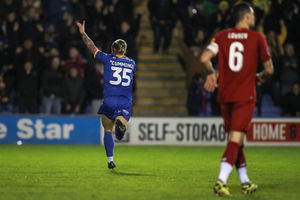 Jason Cummings of Shrewsbury Town celebrates after scoring a goal to make it 2-2 (AMA)