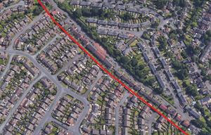 A Google Map showing Tipton. Homes on the left hand side of the red line are in Dudley and are thus 'medium risk', while their neighbours on the right in Sandwell are 'high risk'