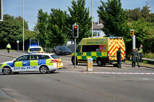 Emergency services on the Birmingham New road with the junction of Mason Street, Coseley
