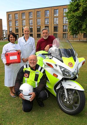 Members of Royal Shrewsbury Hospital Blood Bank Team – Paula Singh and Natalie Hicks with Blood Bikes riders Chris Powdrill and Sandy Harper