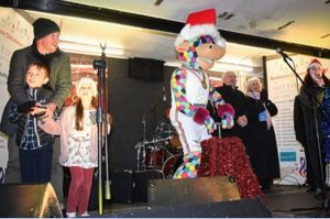 L-R Jack Wolfindale, Richard Wolfindale, Francesca Wolfindale, Perry, Chris Bissell (Sutton Rose Luxury Care Home), Rosemary Quickenden (Boldmere Futures Partnership), Terri-Anne Coope (compere from Switch Radio). Credit: Richard T Harris Photography