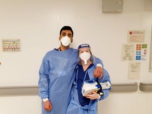 Dr Shivam Sharma of the BMA West Midlands regional junior doctors committee, with a colleague during the pandemic