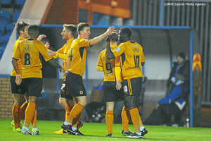 Bakary Sako of Wolverhampton Wanderers celebrates after scoring a goal to make it 0-1.
