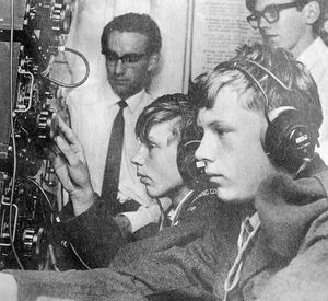 In July 1969 cadets from 1119 Squadron followed the Apollo moonshot on their own powerful receivers. At their Coleham headquarters are instructors Roy Brookfield and Roger Griffiths and cadets Corporal Ian Hollingworth and David Davenport.