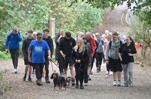 Leanne Vaughan, Sadie the dog and the rest of the walkers set off up the Wrekin in memory of Lily-May