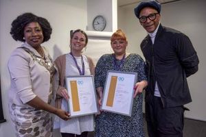 Hannah Hill and Hannah Finch receive the Education Otherwise KIT Gold Award for excellence from the Mayor of Wolverhampton, Councillor Sandra Samuels, and Jay Blades